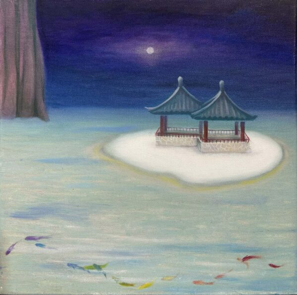 穿越月光的那晚 油畫 畫布32x32cm